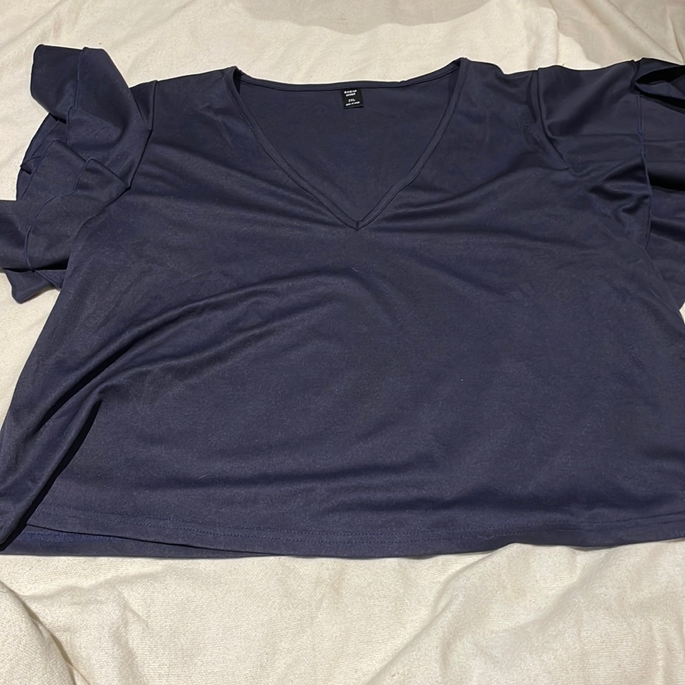 Navy, ruffle crop blouse from Shein.